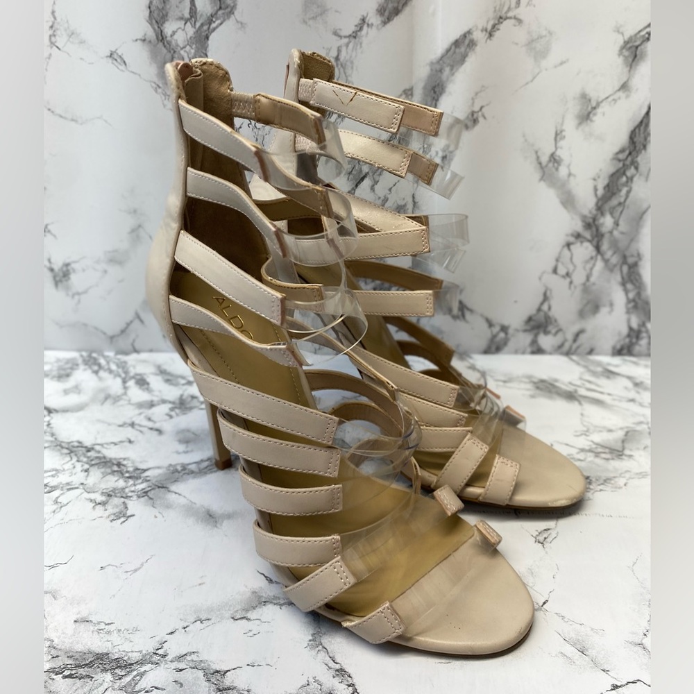 ALDO NUDE AND CLEAR GLADIATOR CAGE 4.5 INCH HEELS SIZE 7 ZIPPER CLOSURE